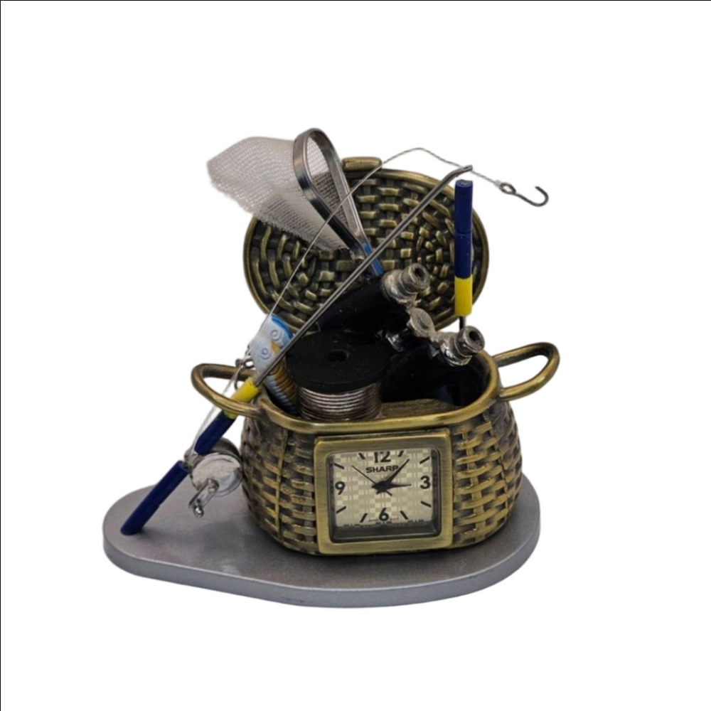 Waltham Mini Desk Clock Fishing Theme Metal Zinc Alloy Battery Operated